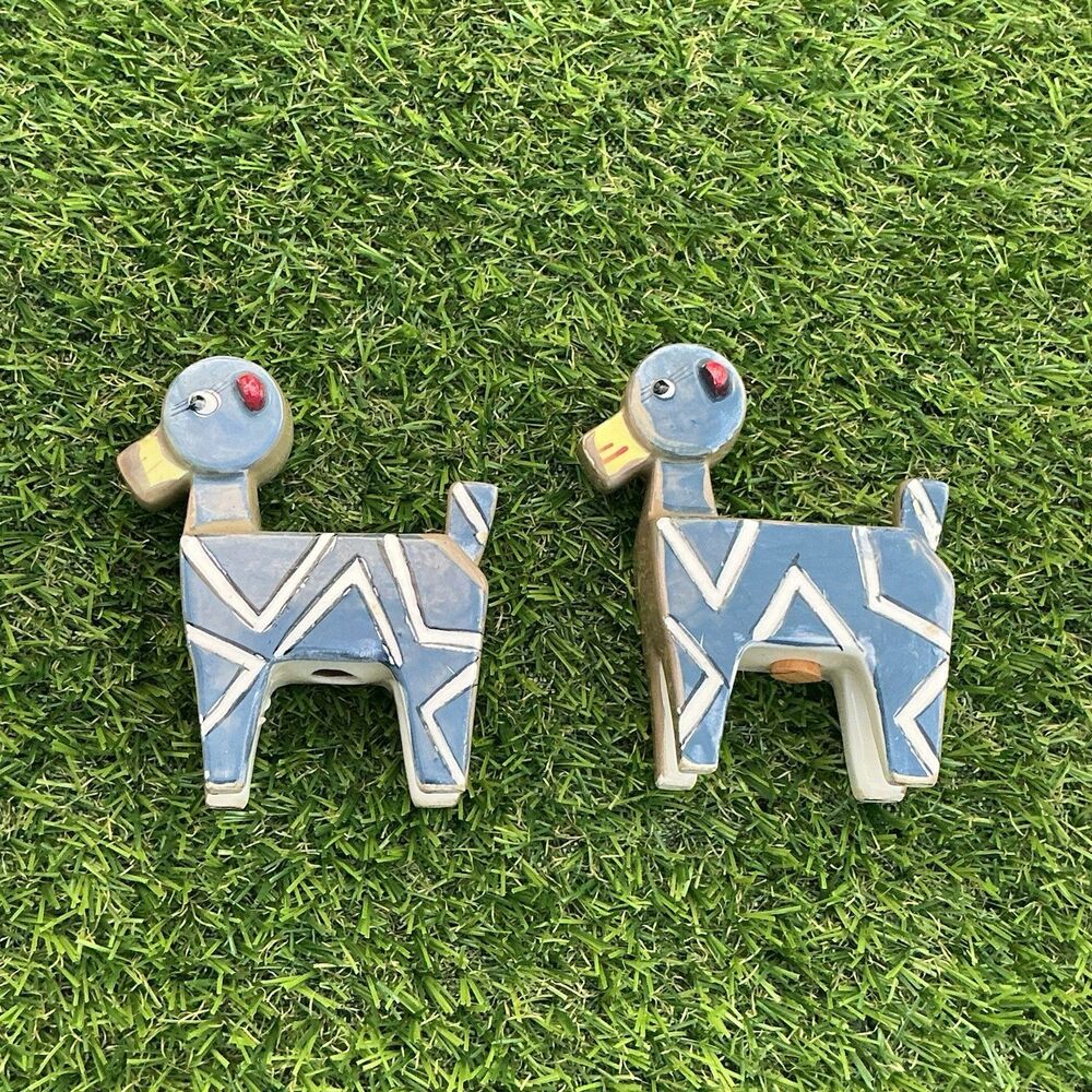 Vintage Ceramic Dog Salt Pepper Shakers Set of 2 Blue Geometric Folk Art